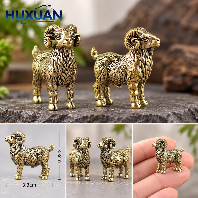 Ram Goat Figurine Brass Miniature Animal Statue Desktop Ornament Vintage Home Decor Crafts Accessory