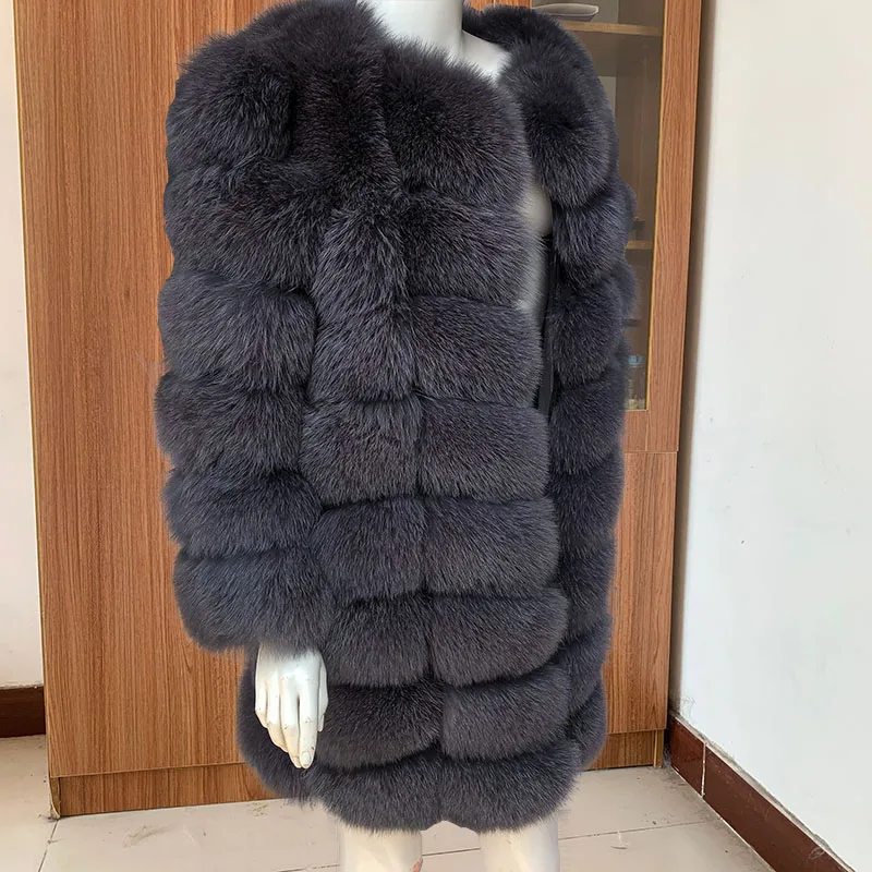 Inverno das mulheres quente genuíno fox casaco de pele longo bloco natural real casaco de pele mangas compridas alta qualidade Senhoras luxo casaco