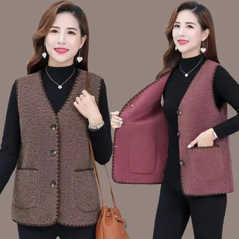 Rompi wol domba untuk wanita, rompi tanpa lengan dan jaket musim gugur musim dingin, jaket kardigan dengan saku Single-breasted, pakaian jalanan warna polos baru