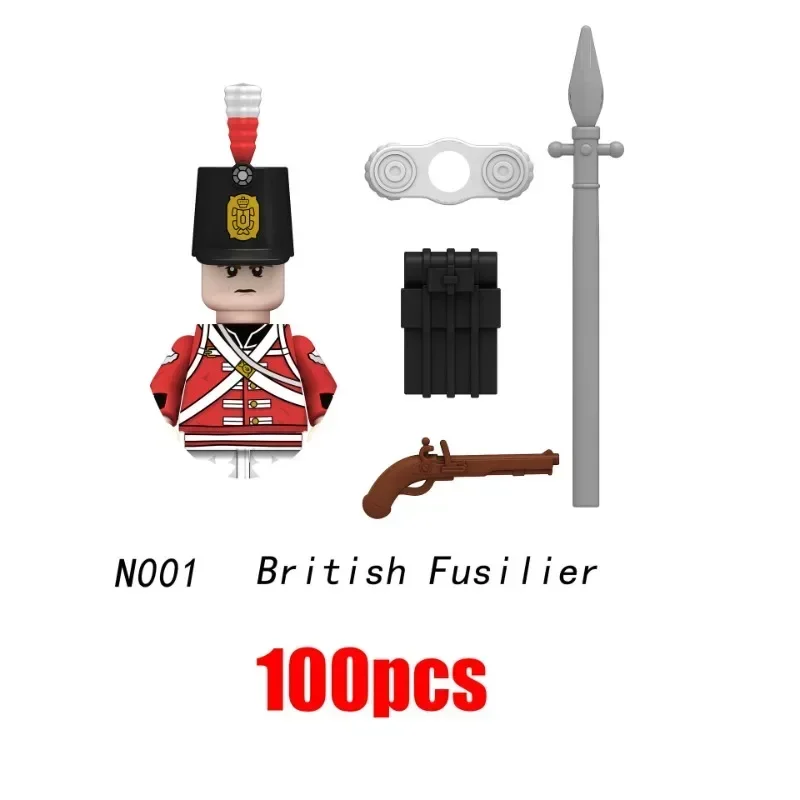 100pcs Napoleonic Wars Military Soldiers Building Blocks WW2 Figures French British Fusilier Rifles Weapons Toys For Kids