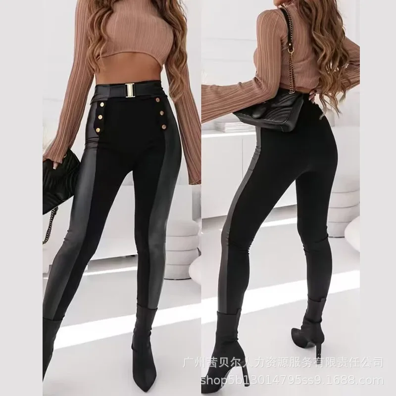 

Wepbel Double Breasted Pu Pants Women High Waist Bodycon Stitching Tights Trousers PU Leather Buttoned Bodycon Sexy Pants