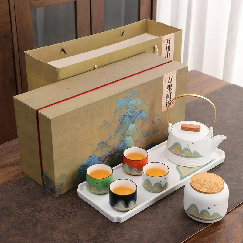 Handmade National Trend of Kungfu Tea Set, One Pot and Four Cups, Household Ceramic Teapot and Teacup Set Tea Sets Complete Set