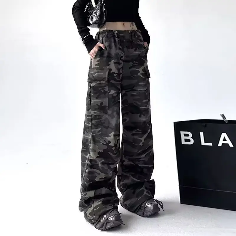American Camouflage Printed Cargo Pants Female Clothing Multi-Pocket Spring Autumn New High Waist Wide Leg Casual Loose Trousers