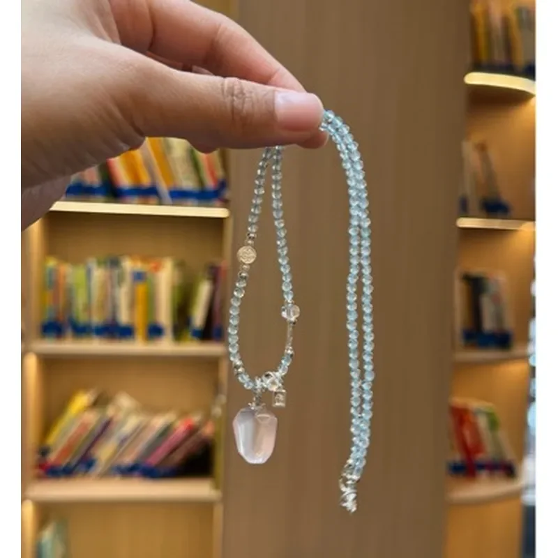 White crystal safety buckle necklace, blue topa cut bead chain, elegant and fresh girl crystal necklace.
