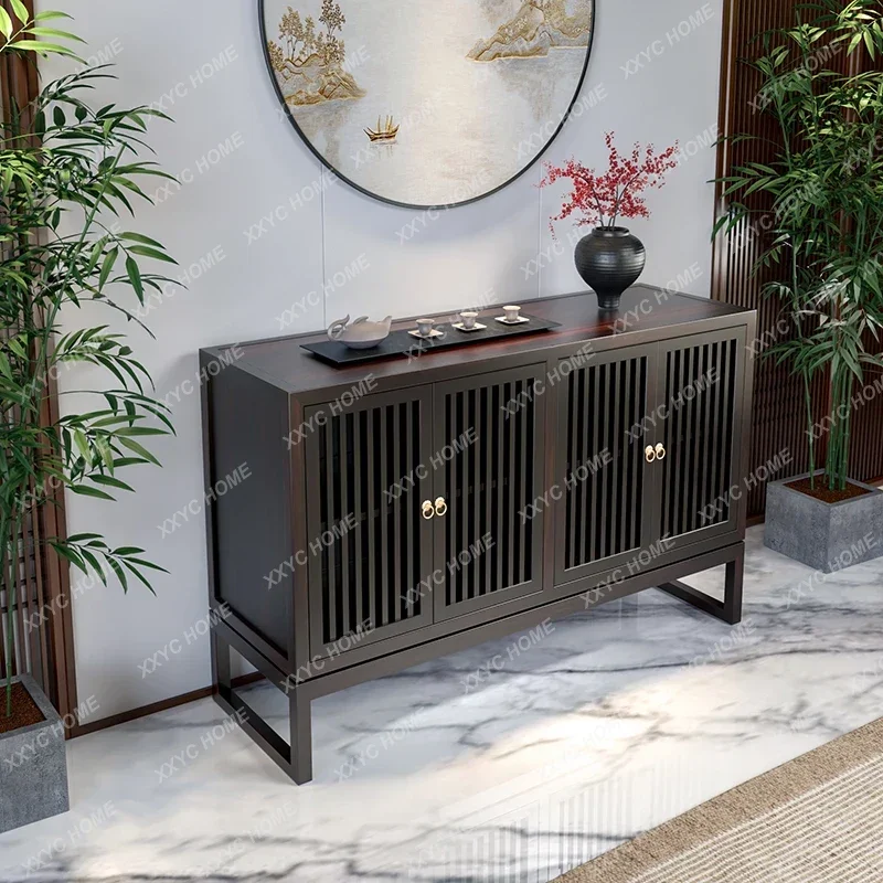 DV  New Chinese-style solid wood dining side cabinet wall black walnut color entrance wall cabinet solid wood storage cabinet