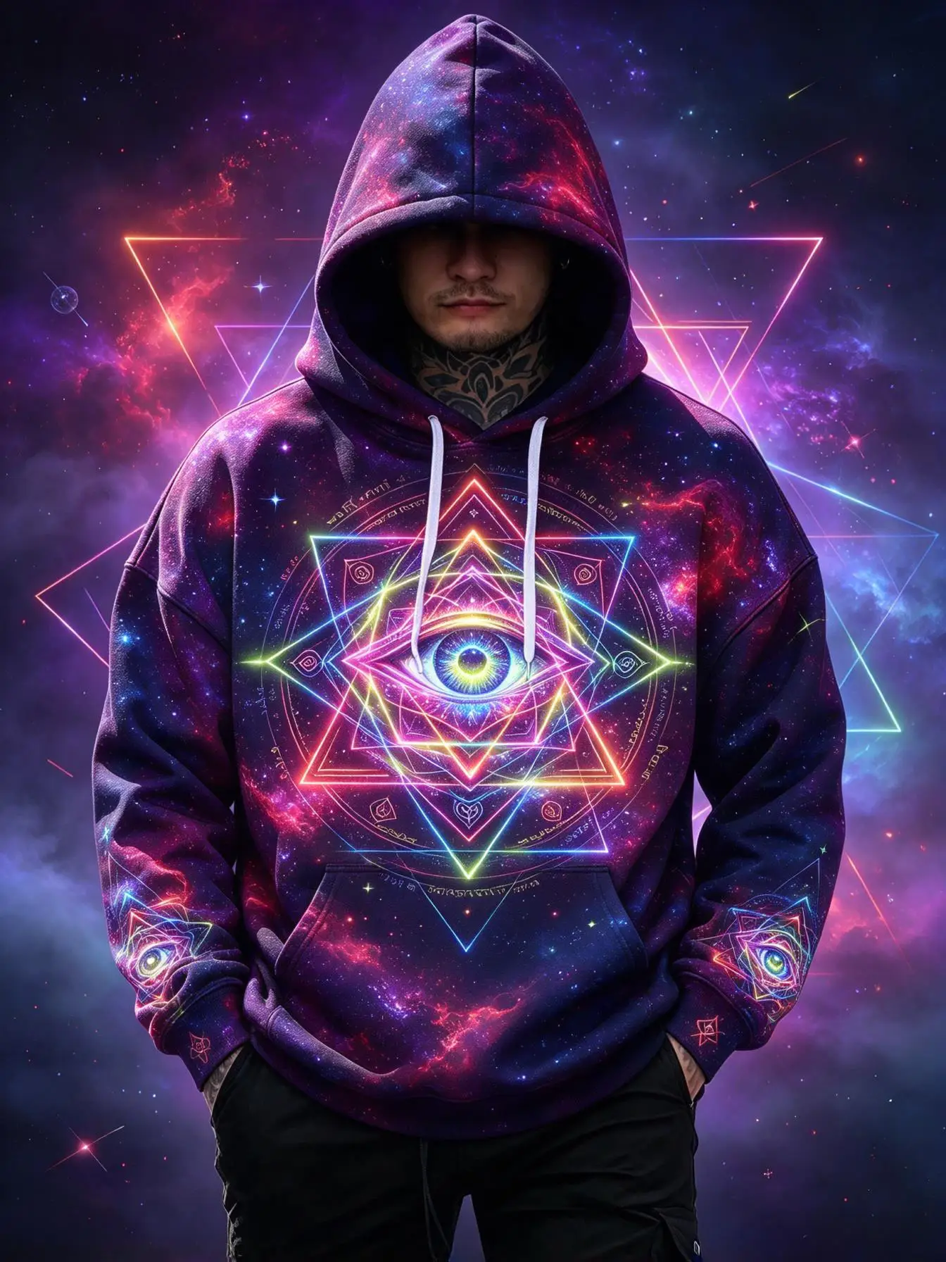 Men's Hoodie Galaxy Glowing All Seeing Eye Triangle Print Breathable Soft Pullover Sweatshirt for Mystic Party Daily Wear
