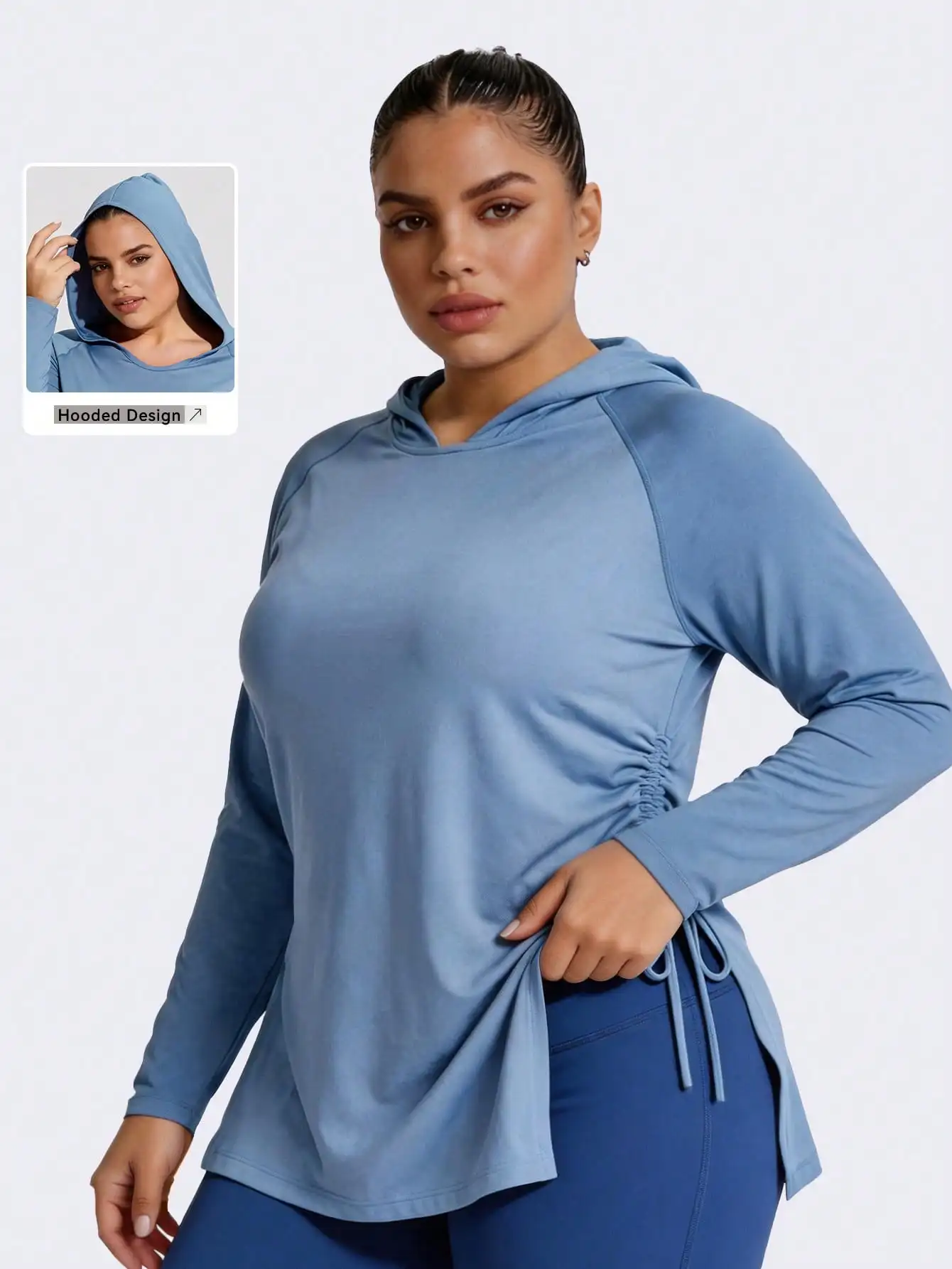 Plus Size Hoody Sports Top Women Long Sleeve Pleated Drawstring Loose Fit Yoga Breathable Side Split Gym Workout Wear