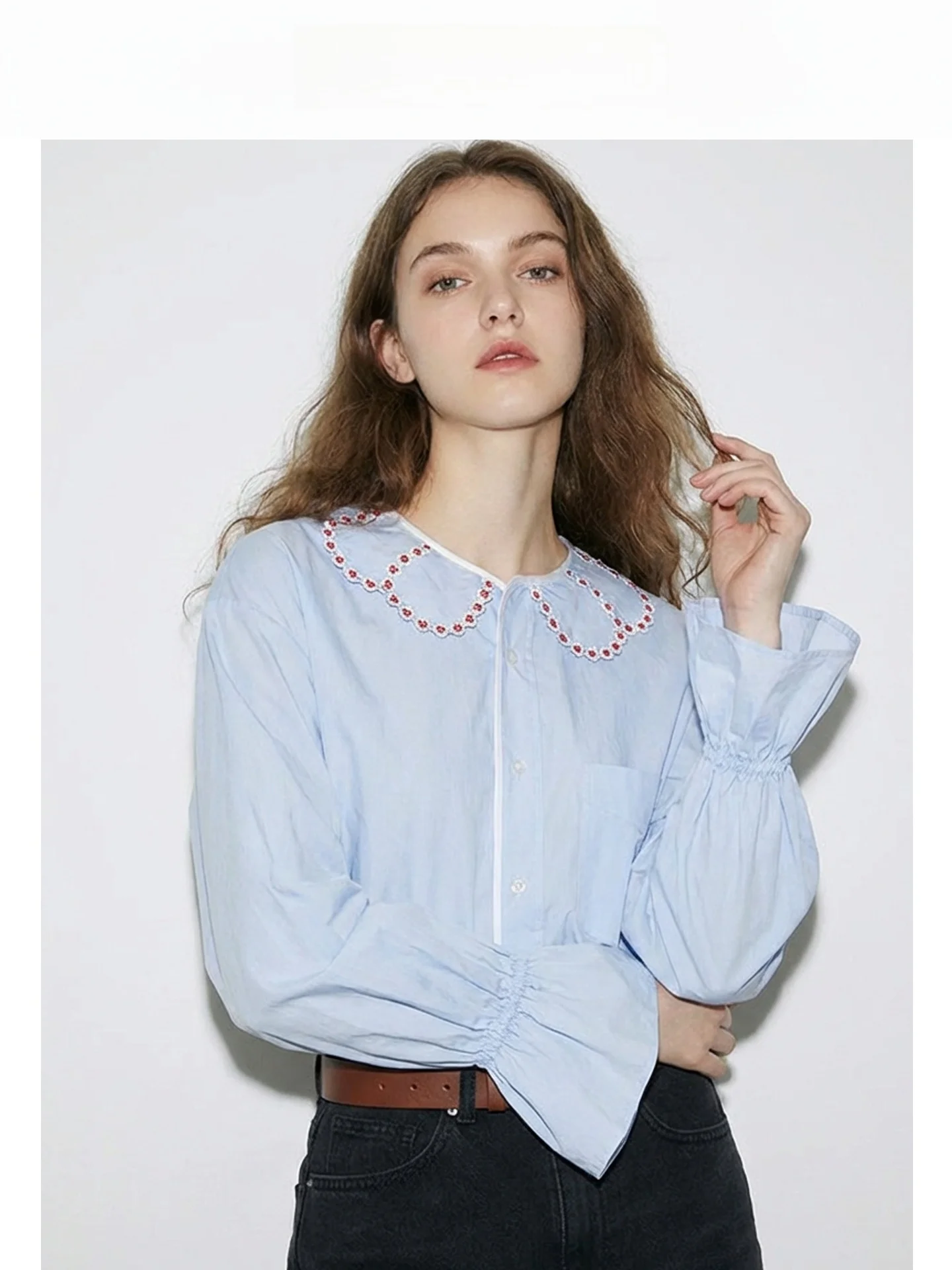 

Sweet Embroidered Doll Collar Cotton irt Women's Spring 2026 New Design Pure Cotton Bell Sve Top n Sle Loose Fit