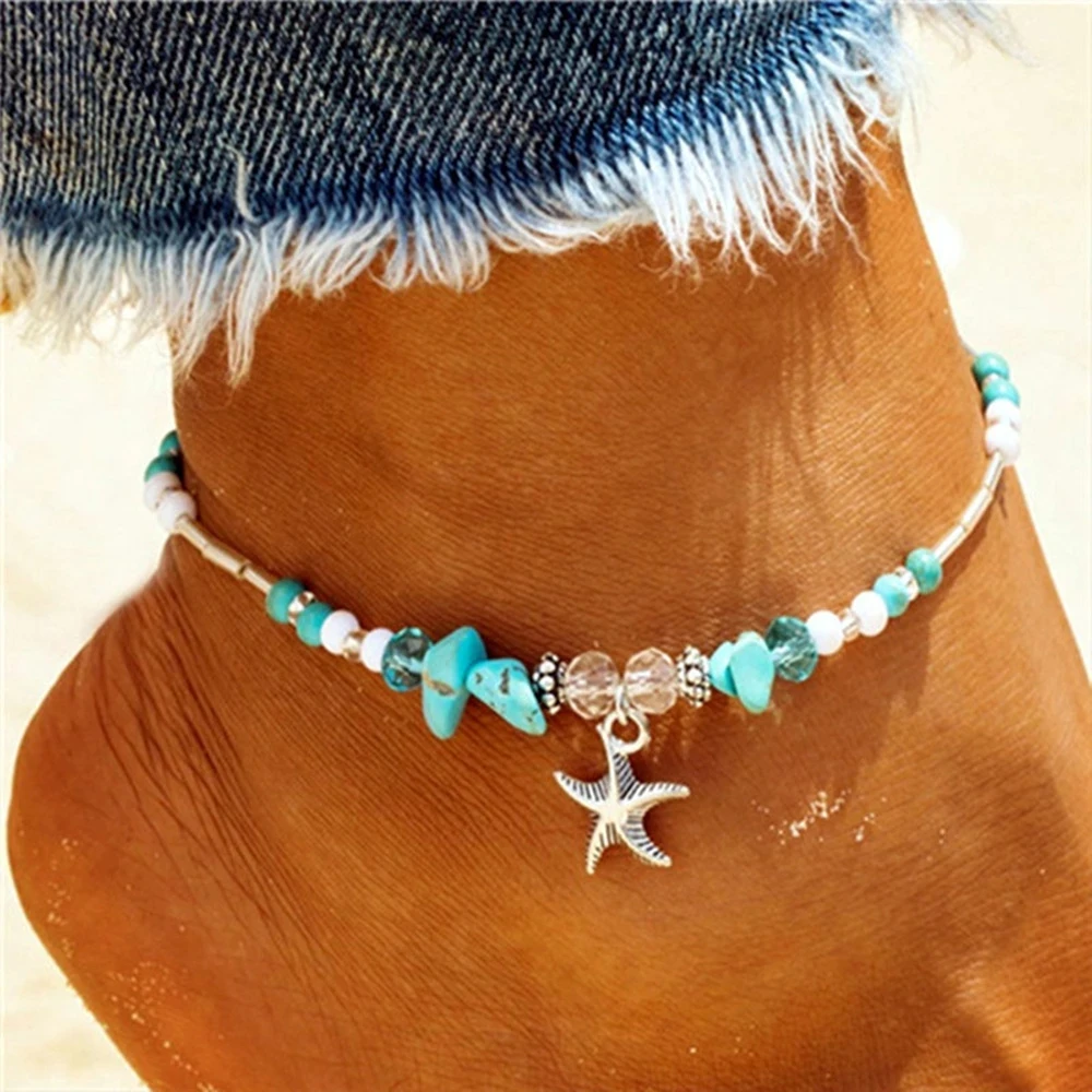 Vintage Starfish Pendant Anklets Stone Beads Ankle Women Summer Beach Handmade Bohemian Foot Chain travelling Souvenir Gifts