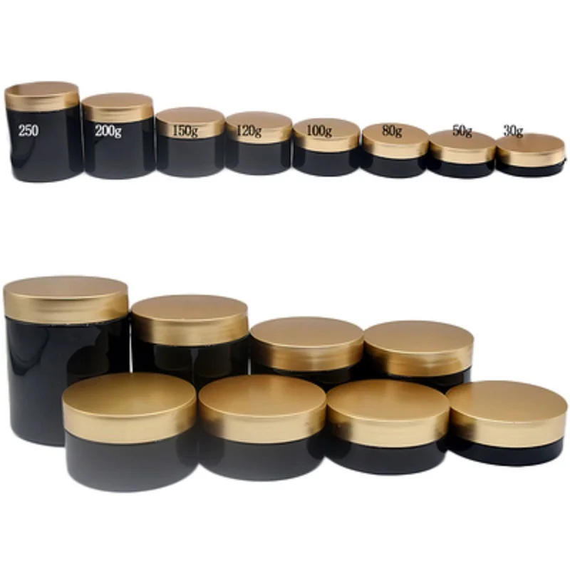 

Empty Packing Black Plastic Jar Bottle Gold Cover With White Pad 30G 50G 80G 100G 120G 150G 200G 250G Refillable Cosmetic 20Pcs