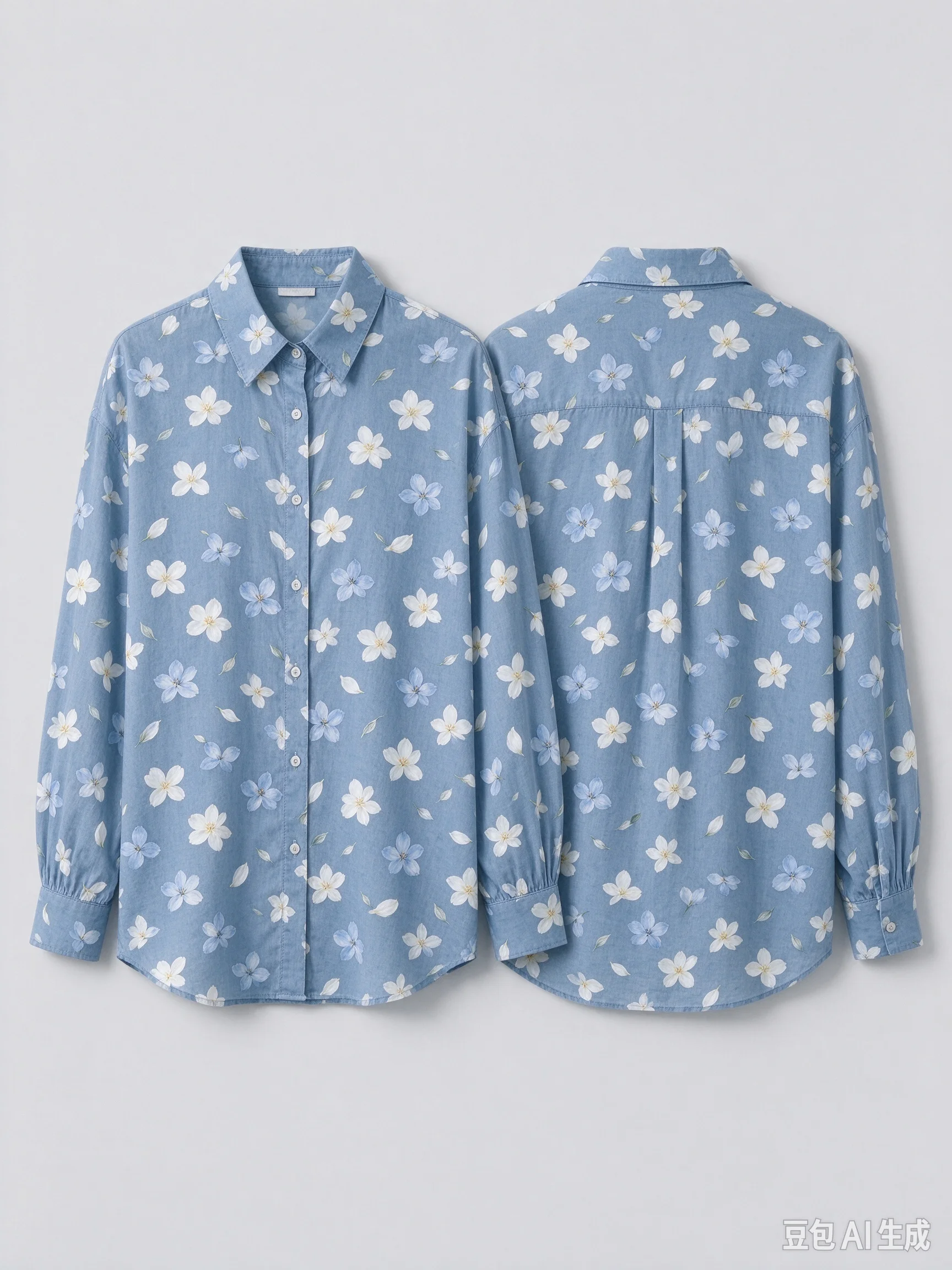 Unisex All Over Petal Print Long Sleeve Shirt, Loose Button Down Shirt with Front & Back Pattern for Men Women Floral Casual Str