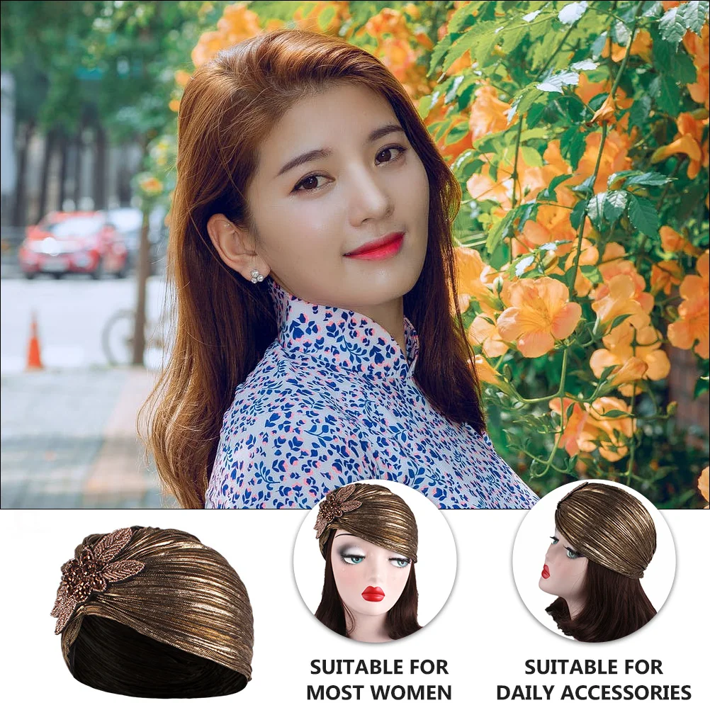 

1pc Turban Hat for Women Lightweight Fashion Head Wrap Cap Ruffled Gold Stamping Design Soft Scarf Cap Indoor Outdoor Use