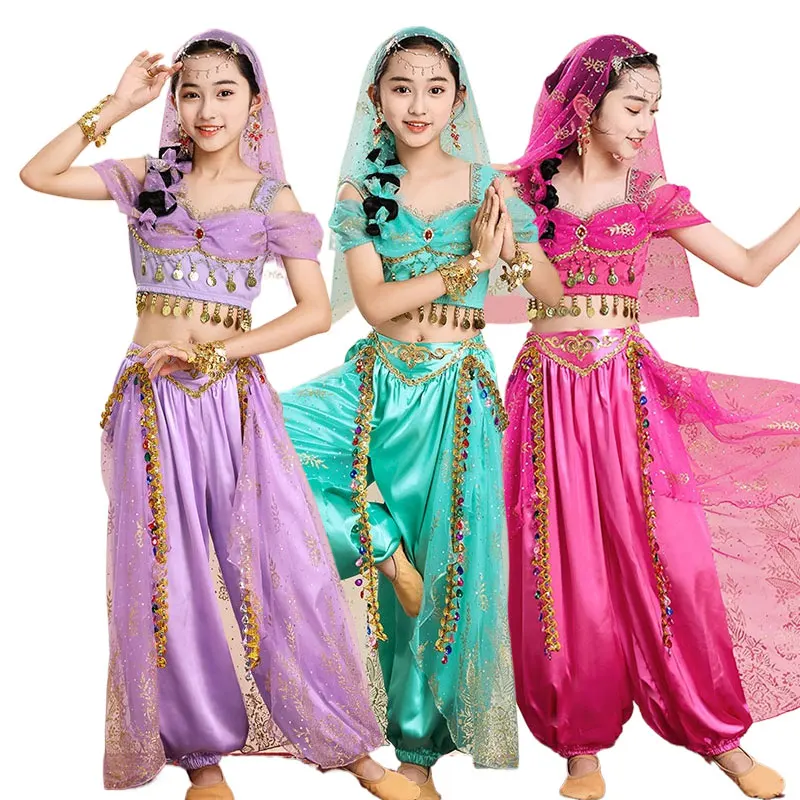 Kids Girl Arabic Halloween Princess Festival Belly Dance Top Pants Cosplay Bollywood Costume Noble Jasmine Stage Dress UP Suit