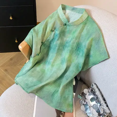 Lady Mandarin Collar Qipao Shirt New Chinese Style Tang Clothes Cotton Line Hanfu Tops Short Sleeve Blouse Loose Chesongam Top