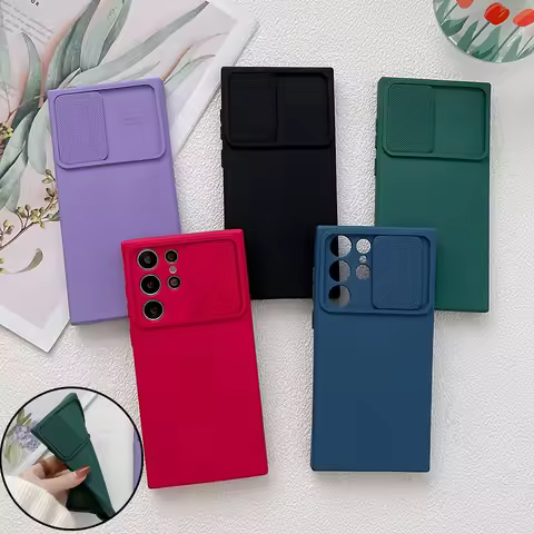 Silicone Soft Phone Case For Samsung S25 S24 Ultra Slide Lens Protector Shockproof Cover For Galaxy S23 Ultra S22 S21 S20FE s25+