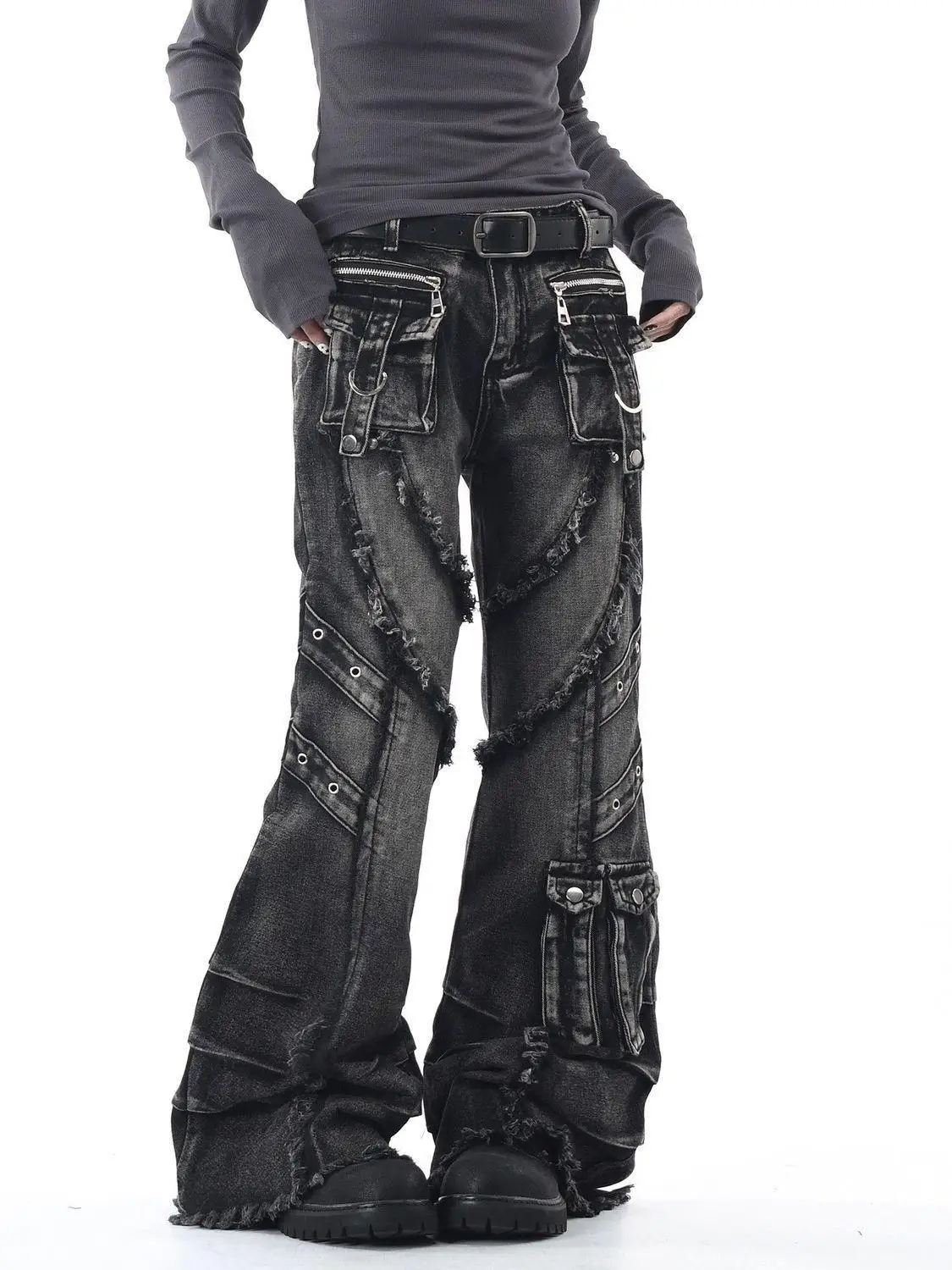 

Women’s Black Gray Y2k Baggy Flare Jeans Punk Style Autumn Wide Leg Denim Pants Female High Waist Loose Retro Street Trouser