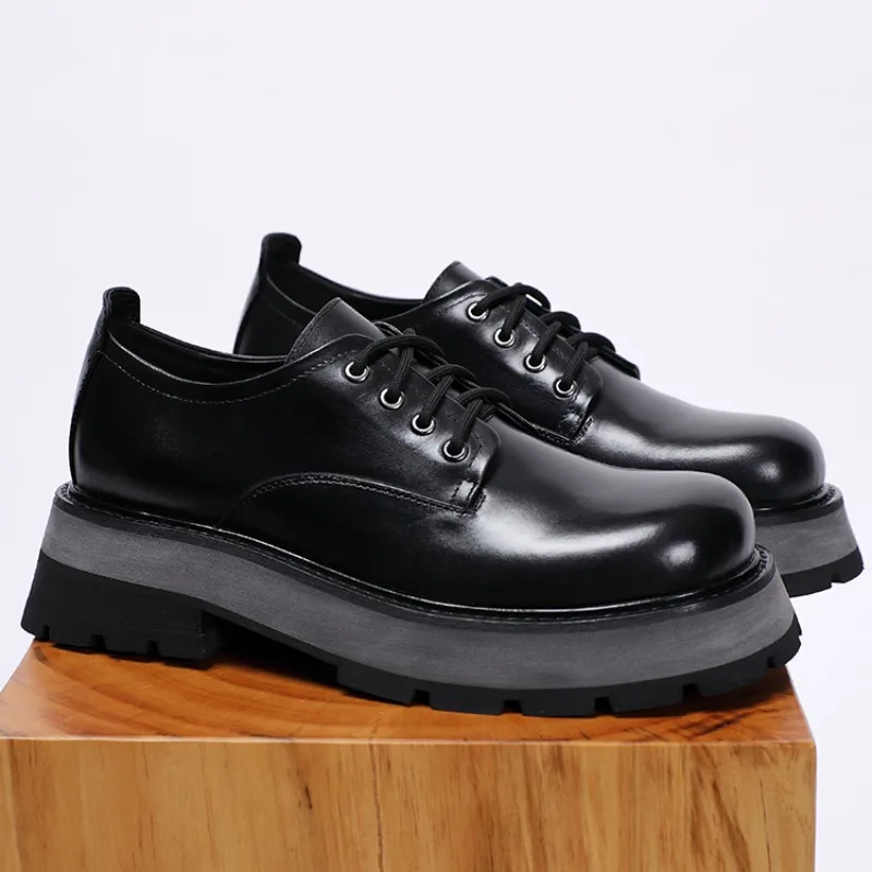 New Big Head Derby Shoes Men Spring Autumn Genuine Leather Thick Sole Heightening Lace Up Leather Shoes Male Wedding Black