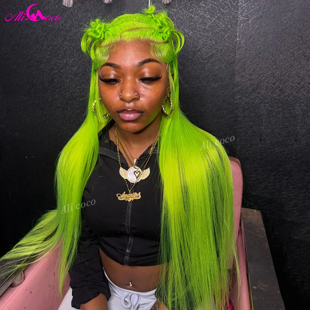 Remy 13X6 Straight Bright Apple Green 613 Colored Human Hair Transparent HD Lace Wigs 32 Inche Pre Plucked 13X4 Front 180Density