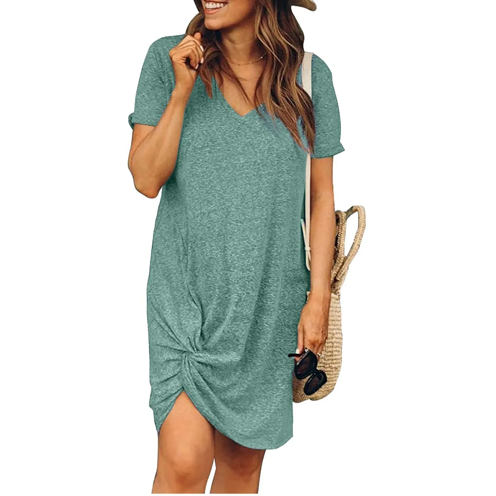 Knot Short Sleeve V-Neck Solid Beach Dress Women Summer Casual Mini T-shirt Dresses Loose Basic Straight Y2K Clothes