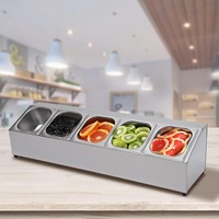 Pizza Topping Station with 5 Pans Lids, Stainless Steel Condiment Prep Station, Countertop Spice Organizer Shelf