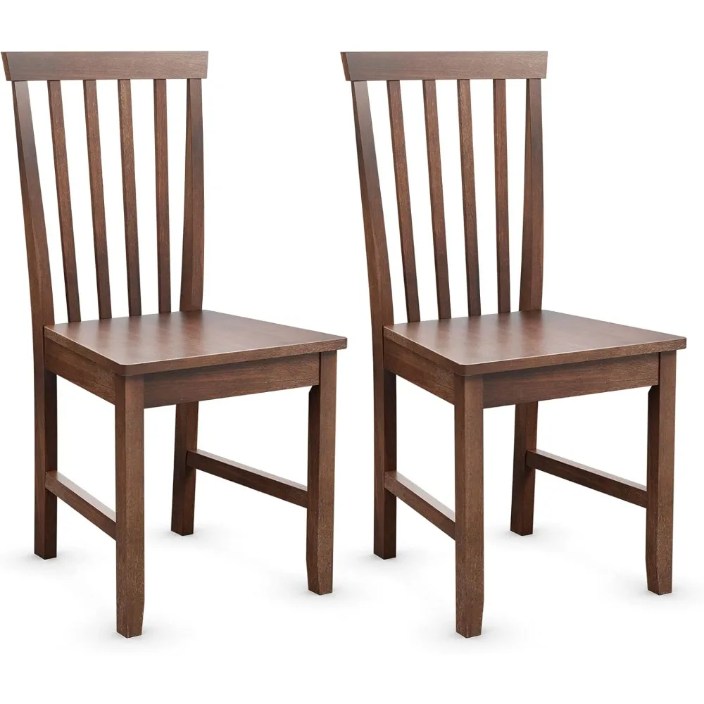 Pair of Farmhouse Style Wood Dining Chairs with Slat Backrest and Rubberwood Legs for Kitchen