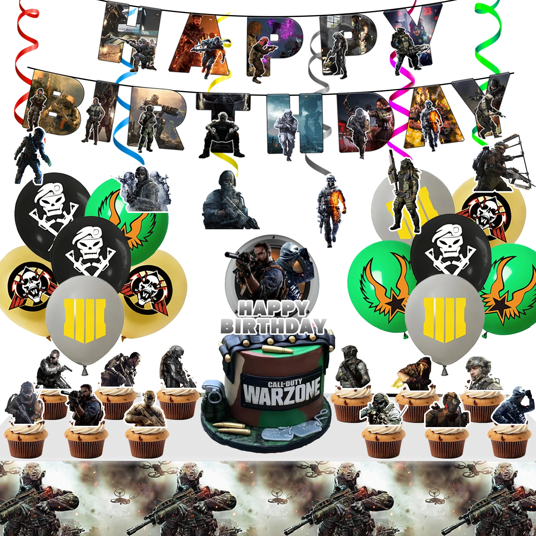 33 pièces de décorations pour fête Call of Duty - Ballons Call of Duty, bannières d'anniversaire Call of Duty, décorations de gâteau, nappes, etc. Décorations d'anniversaire Call of Duty pour fournitures de fête Call o