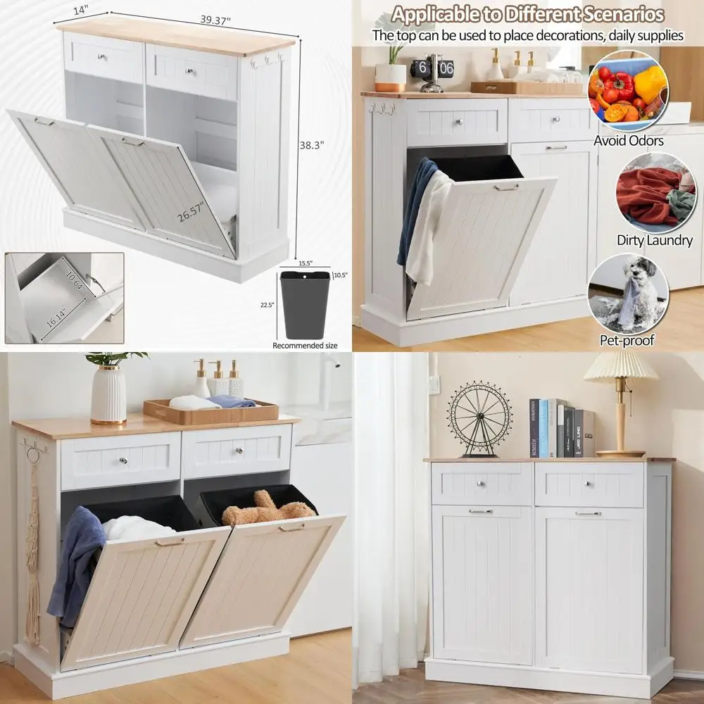

Dual Bin Trash Cabinet with 26-Gallon Capacity for Kitchen and Living Room, White