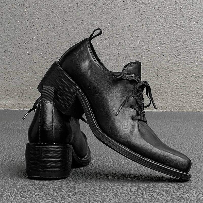 Pointed Couple High Heels Men Style Design Sense Niche Runway Model Casual Height Increasing Black Derby Shoes