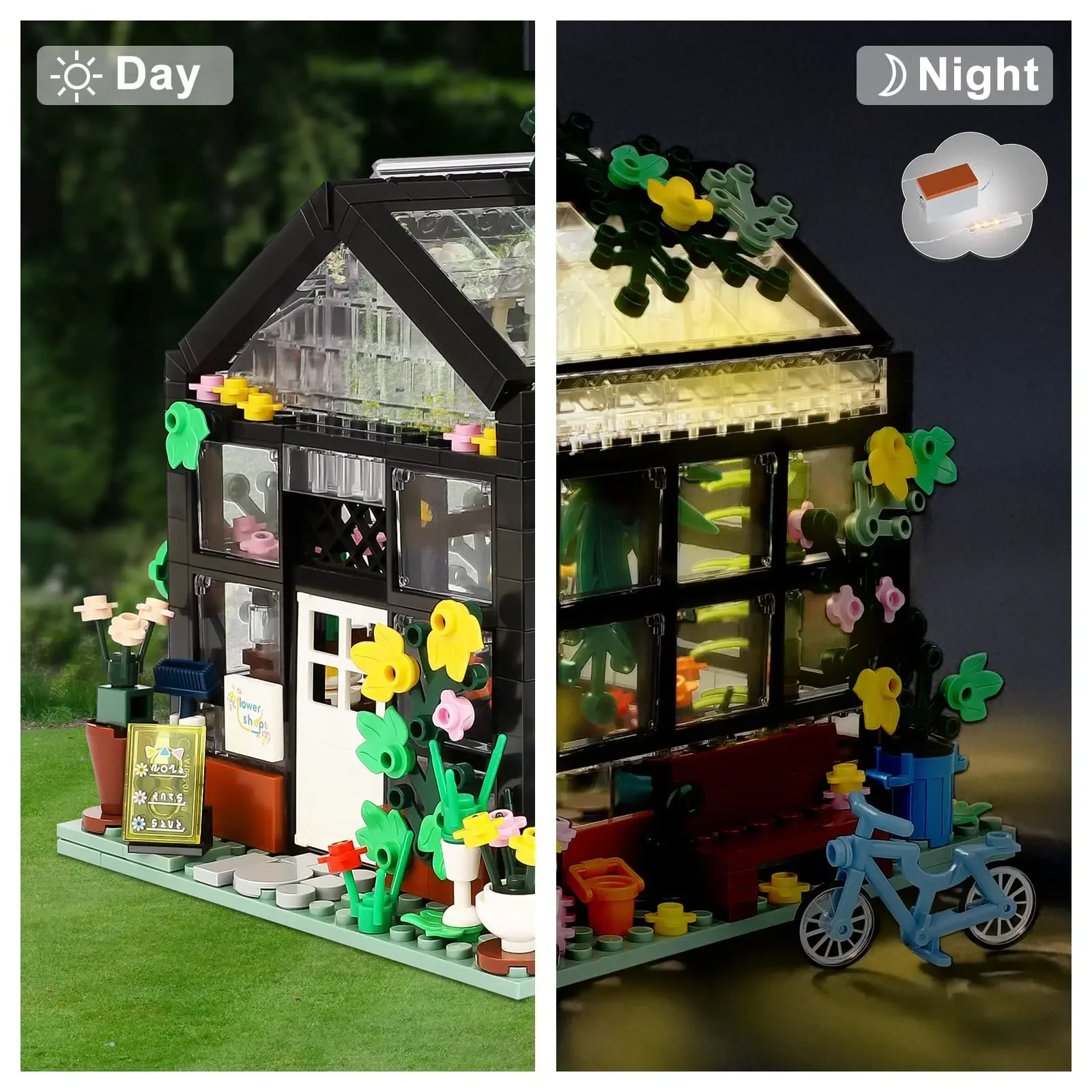 City Street View Flower Shop Building Blocks with Led Light Creative Dream House DIY Tent Bricks Model Kid Toys for Kids Gifts