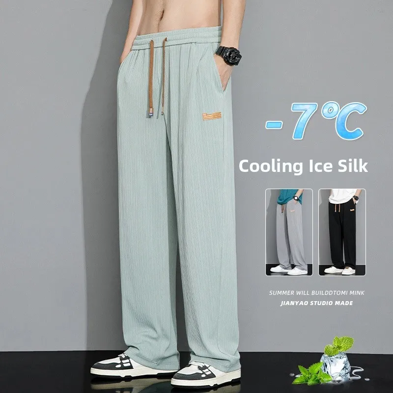 

Men's Summer Thin Ice Silk Pants High Waist Straight Leg Casual Trousers Vertical Stripes Loose Fit Long Trousers Faionable...