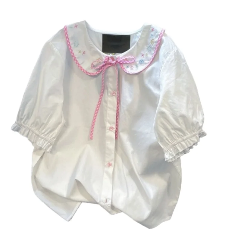 

Summer New Embroidery Shirts Lovely Age-reducing Students Puff Sleeve Tops Korean Style Casual Fashion Blouse Unisex Plus Size