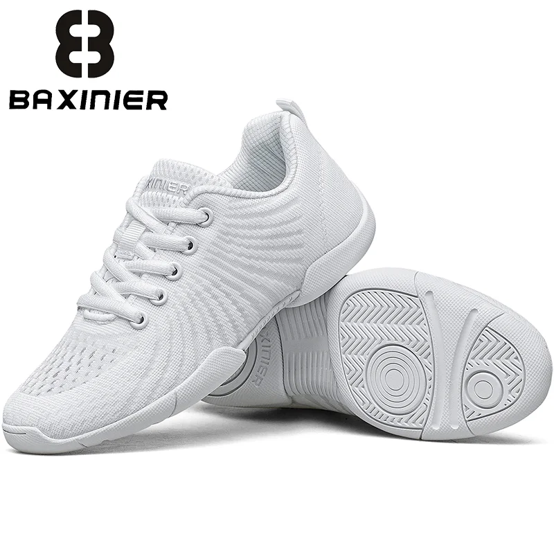 BAXINIER White Cheerleading Shoes Girls Kids Breathable Mesh Upper Dance Sneakers Lightweight Non Slip Cheer Performance Footwear Soft Gymnastics Flexible Bending Tumbling Indoor Athletic Practice