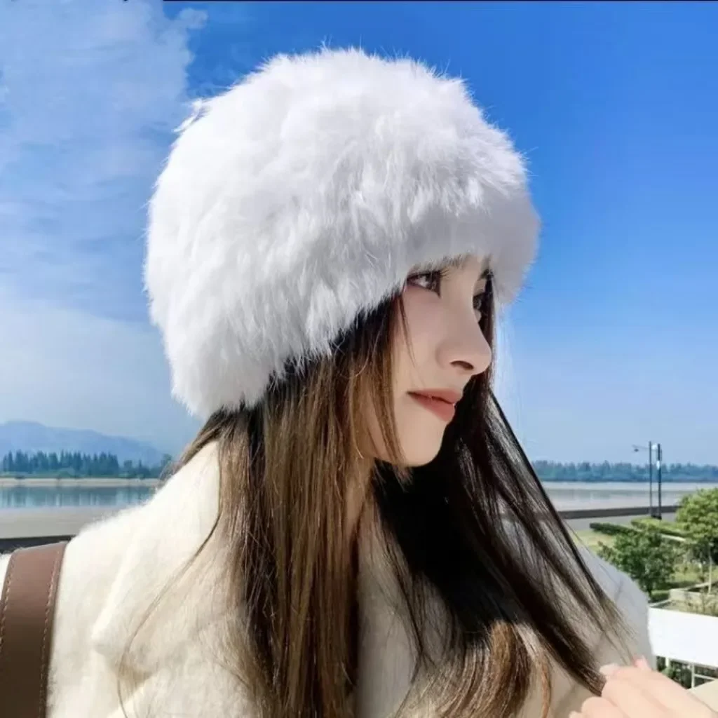 

Women's Fall Winter Rabbit Fur Fisherman Hat - Warm Plush Knit Fuzzy Cap, Cold-Resistant Ear-Warming Hat for Cold Climates