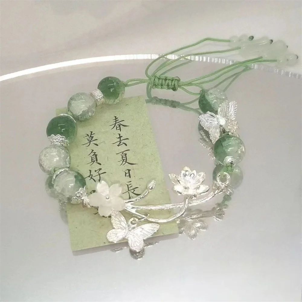Chinese Style Lotus Butterfly Beaded Bracelets for Women Fashion Green Bead Handmade Bracelets Exquisite Sweet Jewelry Gifts
