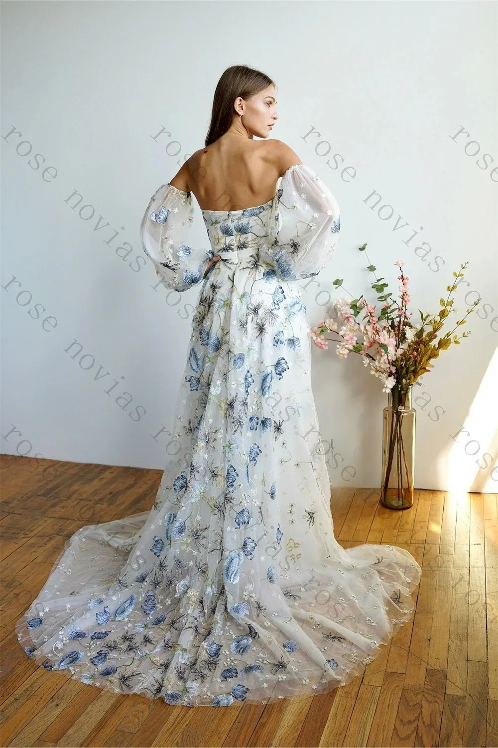 Customized Off Shoulder Blue Floral Lace Wedding Dress Puffy Sleeve A Line Bridal Gown 2026 Boho Garden Vestido De Noiva Unique