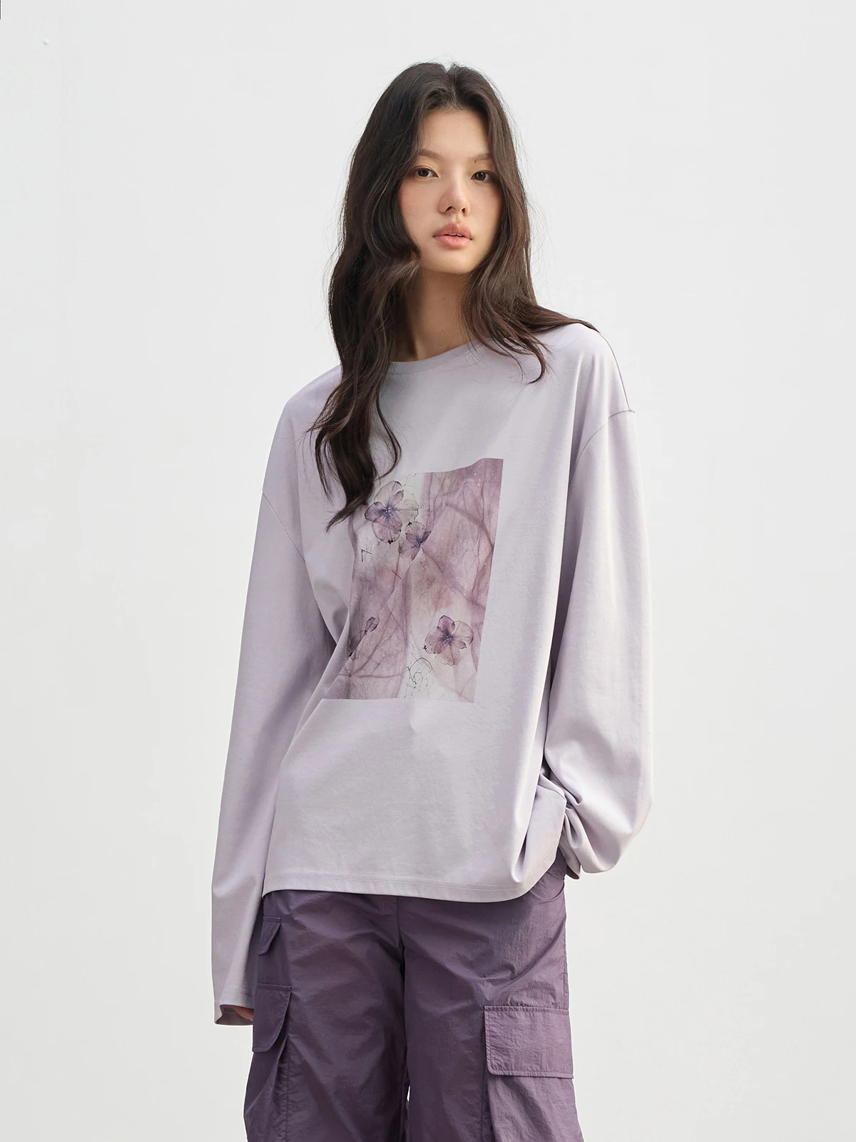 

JUSLIN Eastern Aesthetic Misty Floral Print Silk Linen Cotton Blend Loose Long Sleeve T-Shirt Casual Style round Neck Top