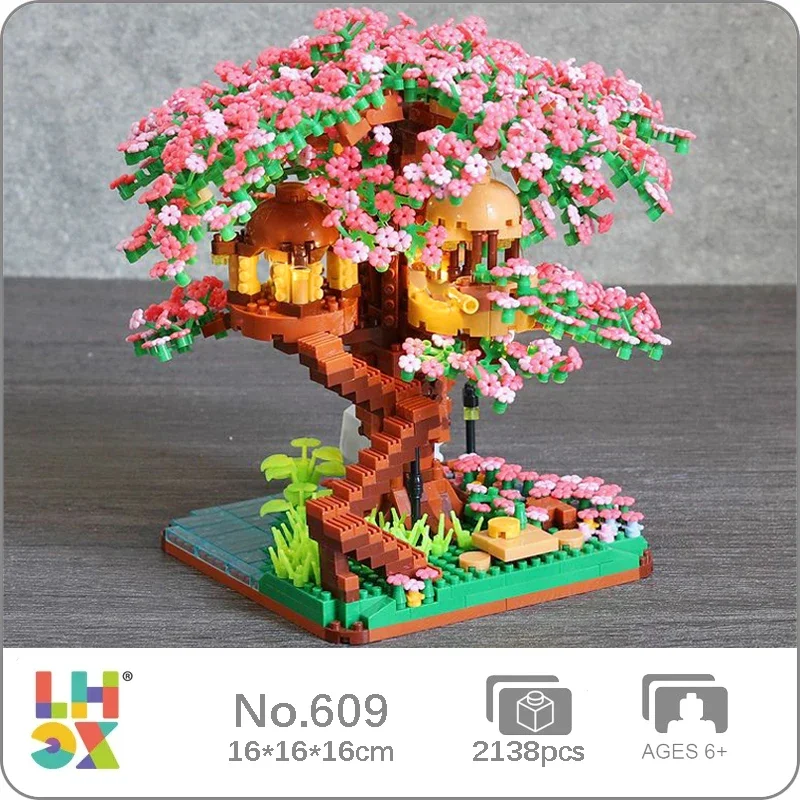 LHCX 609 World Architecture Sakura Flower Tree House Cabin Garden Swing River DIY Mini Diamond Blocks Bricks Building Toy No Box