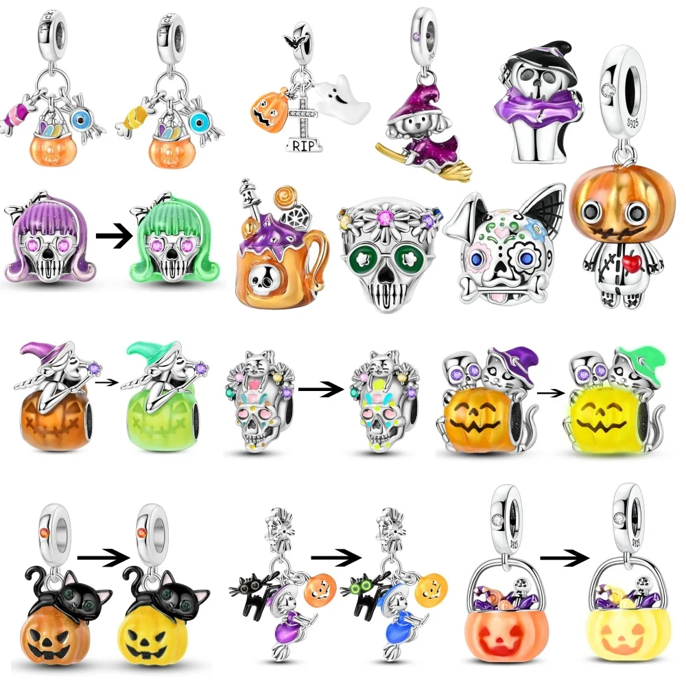 

New 925 Sterling Silver Halloween Glow in Dark Pumpkin Witch Skull Charm Bead Fit Original Bracelet Women Jewelry Gift Making