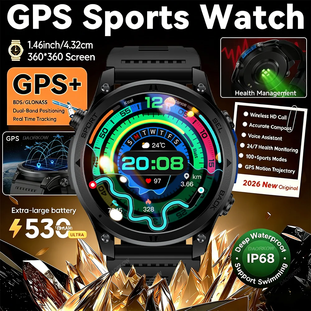 Gold Smartwatch with AMOLED Screen and Flashlight, Gift for Men