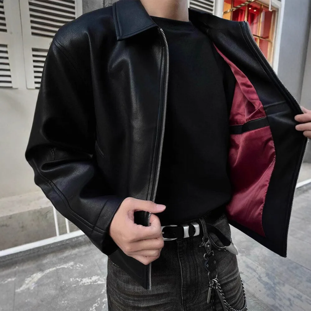 

Men's Black Short PU Leather Motorcycle Jacket Spring & Autumn Windproof Biker Coat Cycling Clothing Moto Jacket