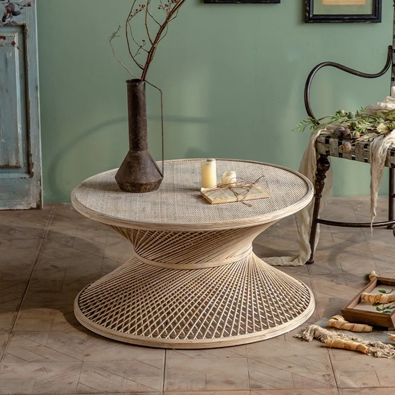 American retro B & B hotel living room sofa, rattan size coffee table round table balcony bamboo rattan coffee table, tea table