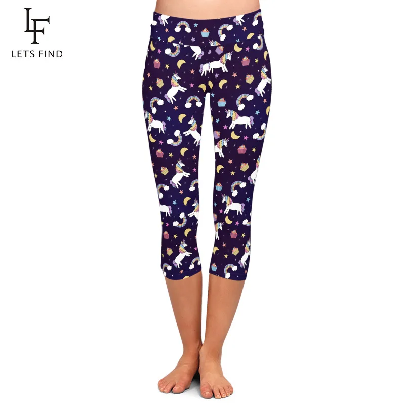 LETSFIND High Waist Soft Fitness Slim Capri Leggings Fashion Rainbow Unicorns Clouds and Stars Print Women Leggings