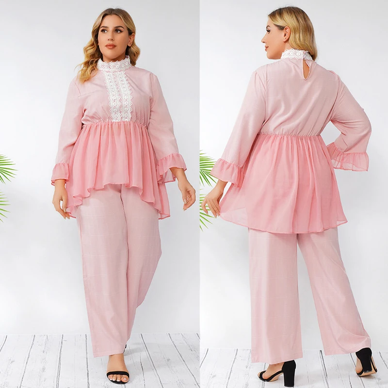 

Женская летняя повседневная шифоновая футболка больших размеров, топ и брюки, костюм Street Sle, круглый комплект Ne Long Sve Faion, материал полиэстер