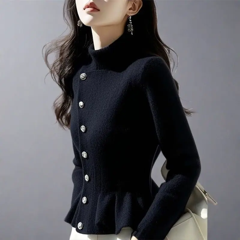 الخريف والشتاء جديد بلون الياقة المدورة قصيرة الخصر سترة تصميم مزاجه محبوك سترة #3