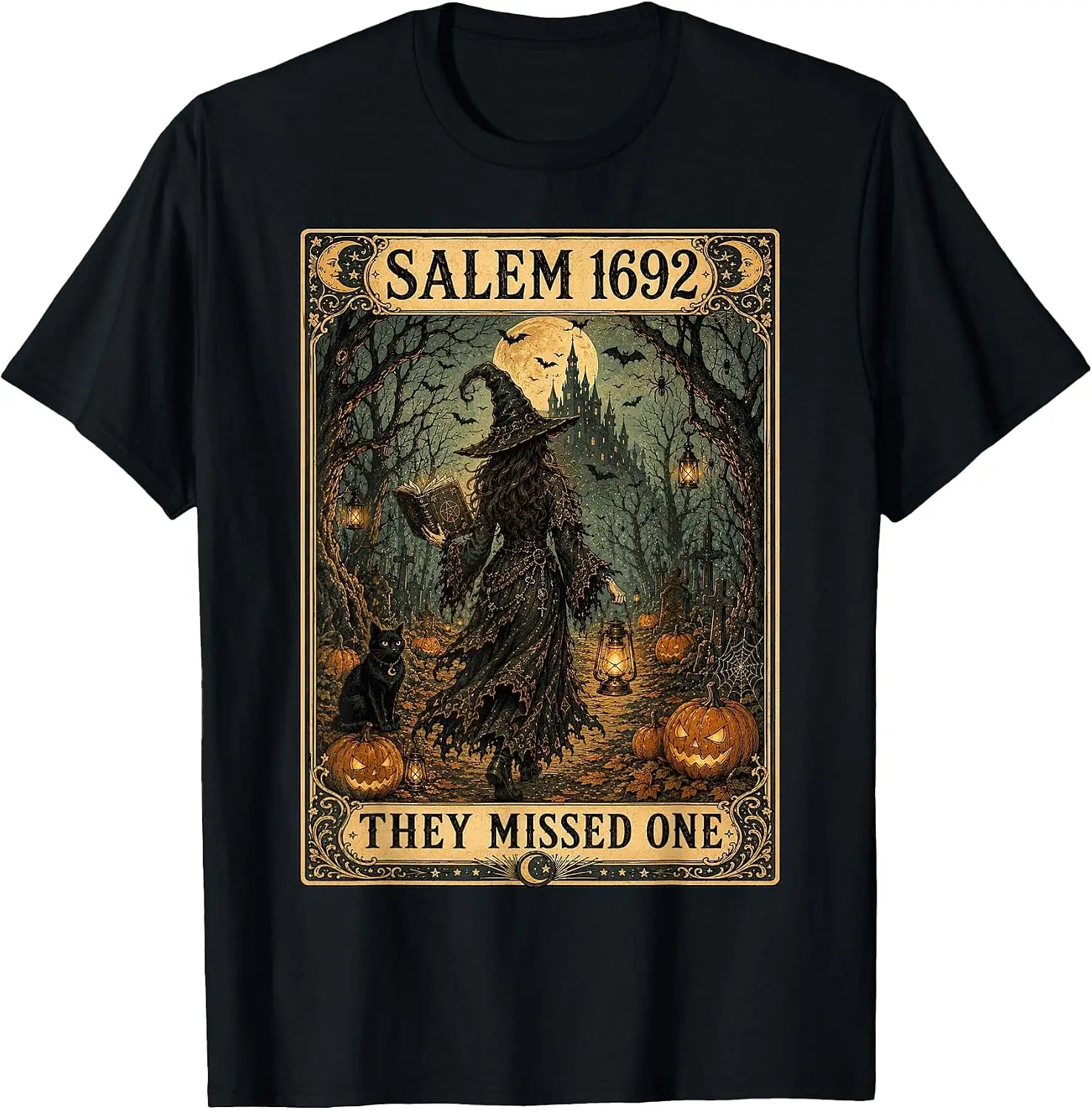 Salem 1692 They Missed One Tarot Card Halloween Witch Women T-Shirt Men Halloween Festival Printed Graphic Tee, Casual Crew Neck Short Sleeve Spooky Gothic T‑Shirt for Holiday Party and Halloween Gift for Men.