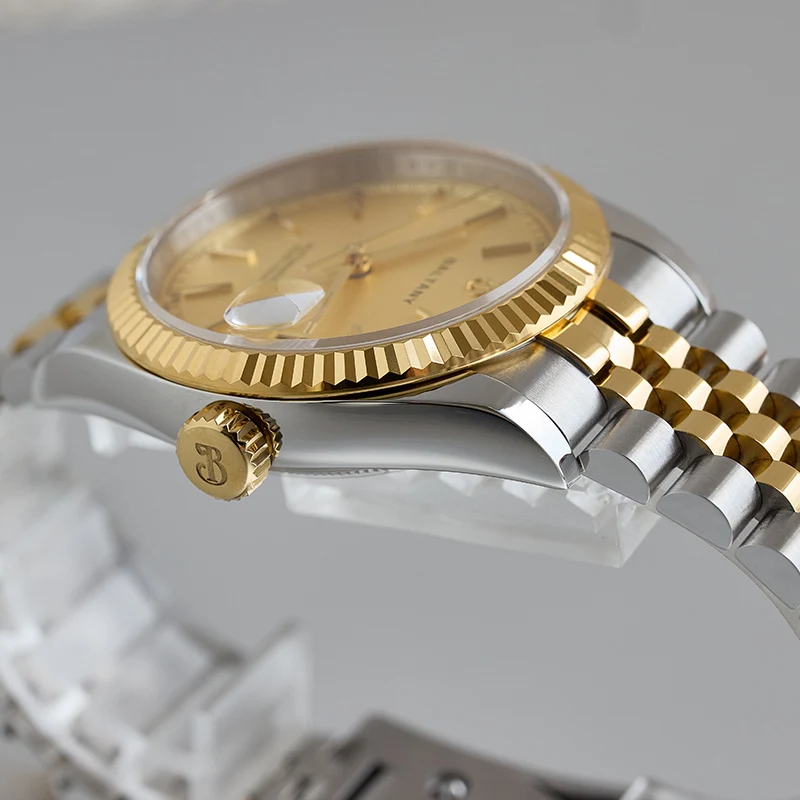 Baltany Retro 36mm Gold Dress Watch S4084 Fluted Bezel Waterproof 10ATM Bracelet NH35 Automatic Mechanical Wristwatch Men