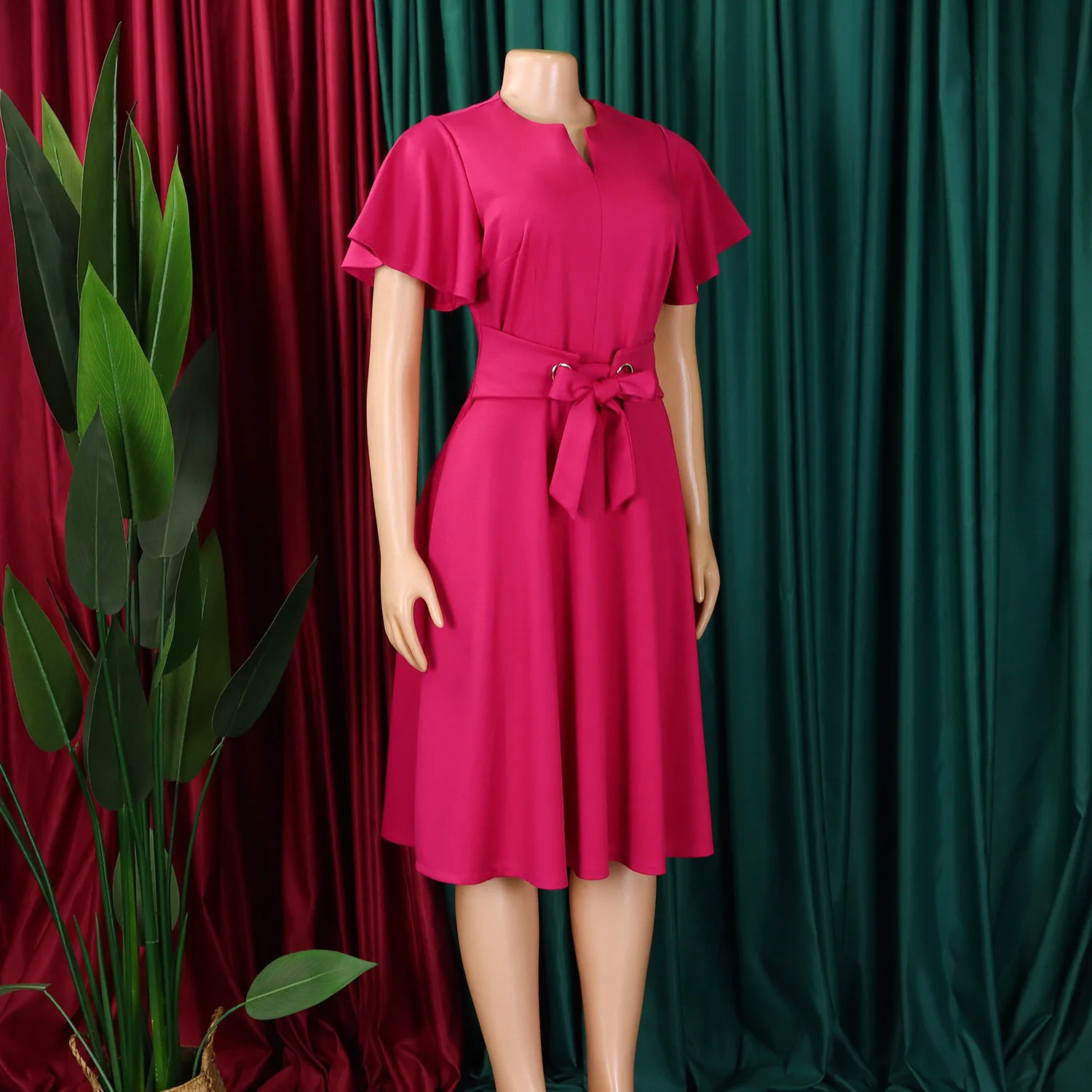 

Fashionable Pure Color Belted Short Sleeve plus Size Dress Elegant Style Polyester V-Neck Midi A- Line Dress for Summer