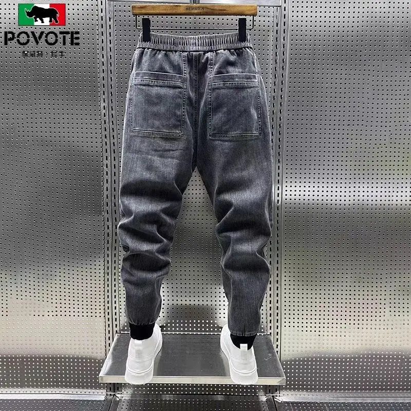 Newjeans Designer Luxusmarke Mode koreanisch gewaschen Herren elastische Taille lässig Kordel zug lose Harem blau Denim Harems hose