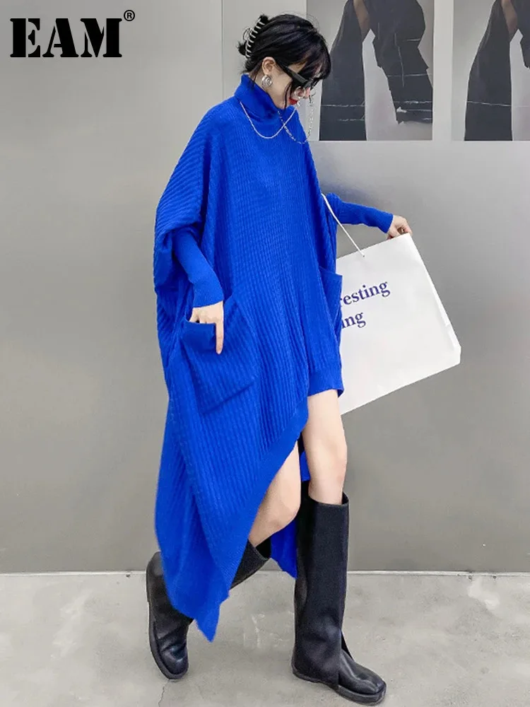 [EAM] Blue Irregular Big Size Long Knitting Sweater Turtleneck Long Sleeve Women Pullovers New Fashion Spring Autumn 2024 1DH715