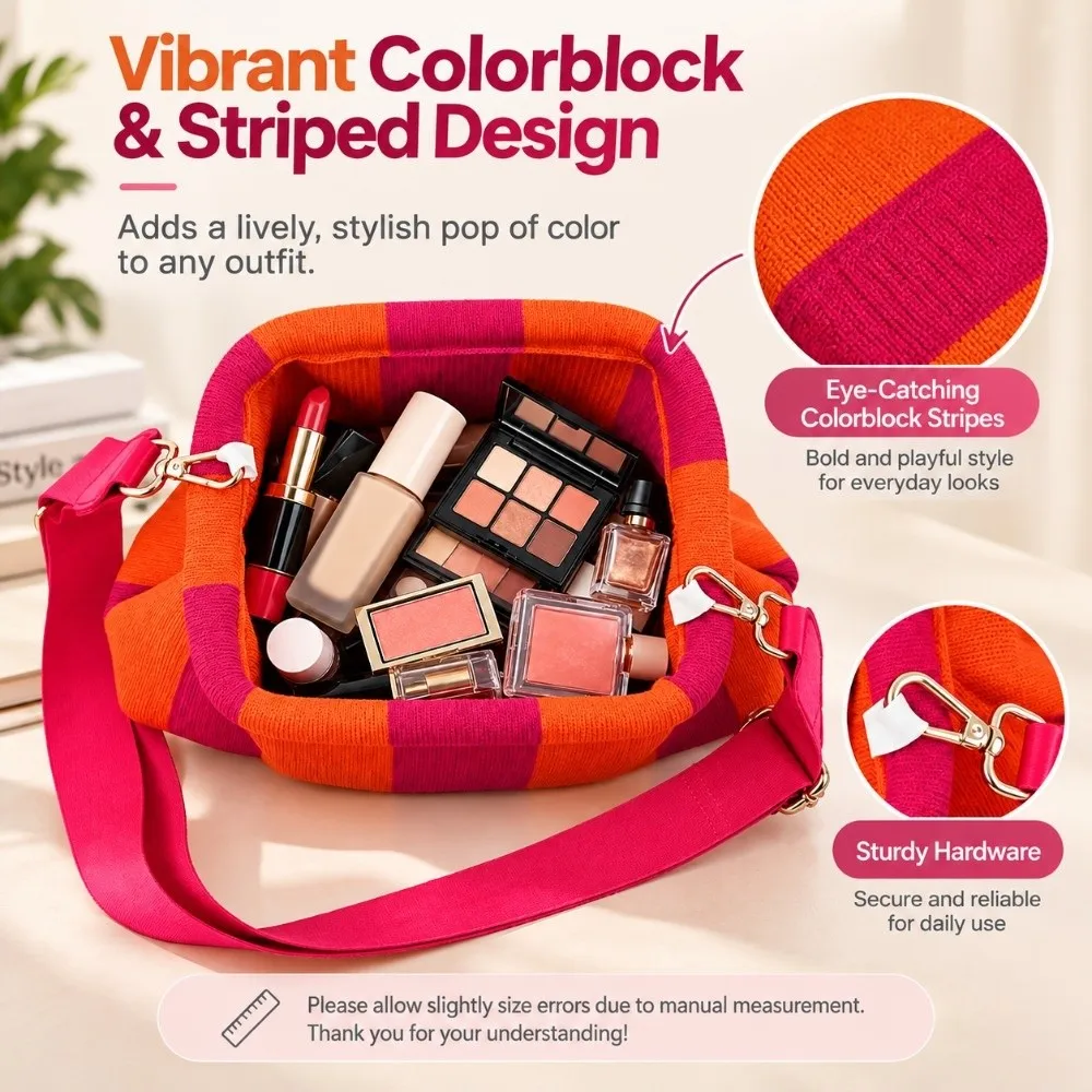 Colorblock Design Colorful Striped Shoulder Bag Large Capacity Lightweight Makeup Pouch Knitting Texture Crossbody Bag For Women
